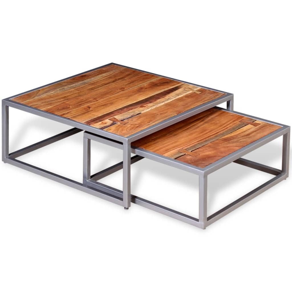 Solid Sheesham Wood Nesting Coffee Table Set with Iron Legs K83120