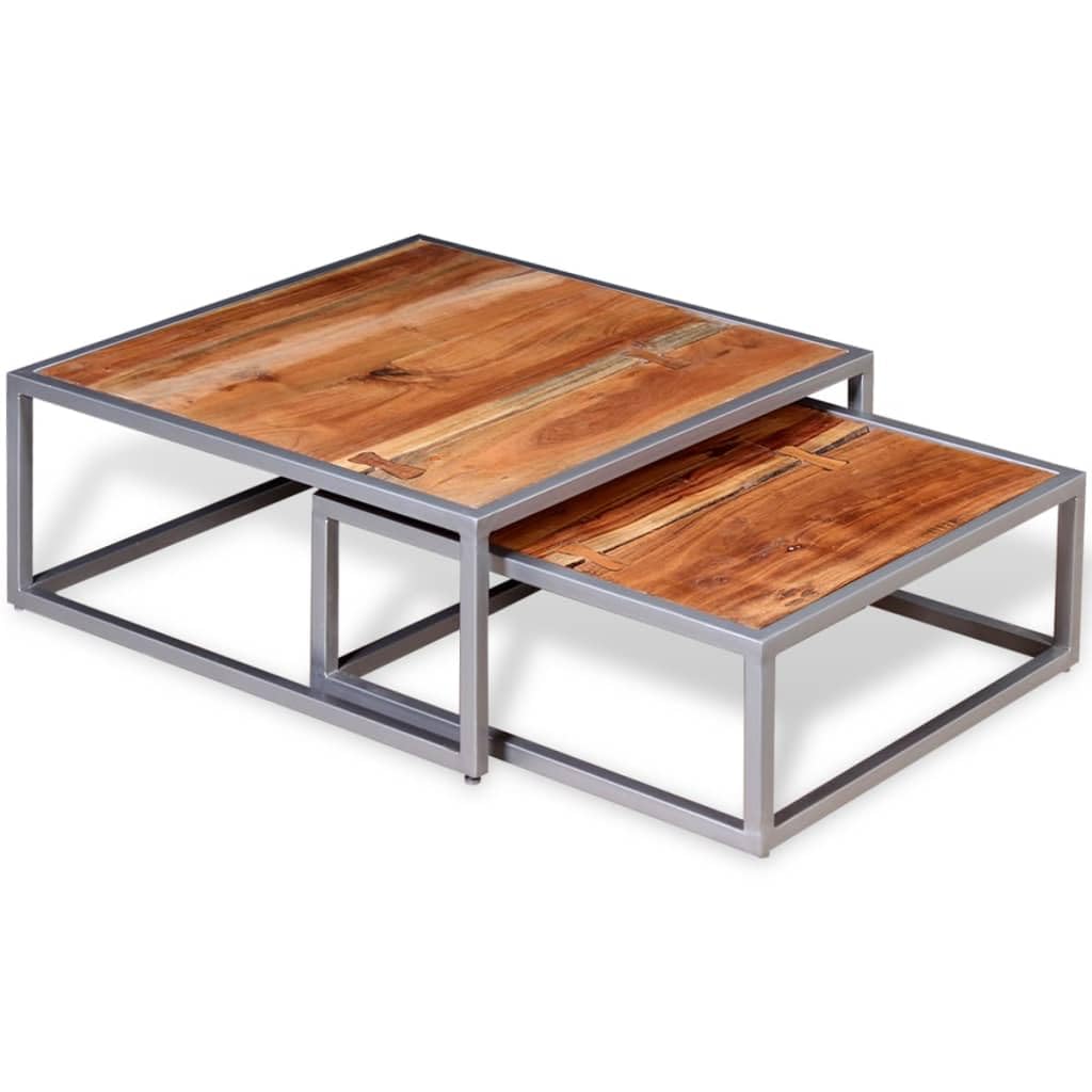 Solid Sheesham Wood Nesting Coffee Table Set with Iron Legs K83120