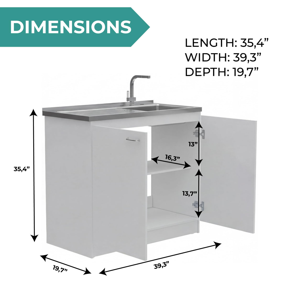 White 39 in Kitchen Sink Cabinet with Stainless Steel Top Q60356