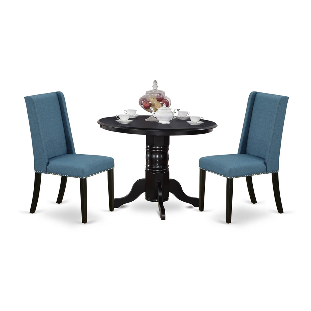 3 Piece Dining Table Set with 2 Blue Linen Fabric Chairs L573443