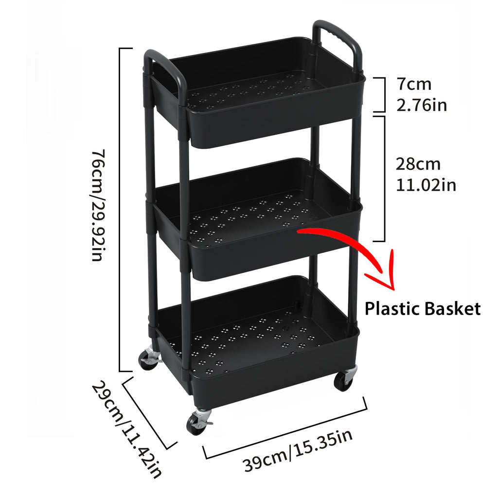 3-Tier Plastic Rolling Utility Cart with Wheels X10693