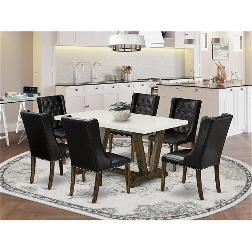 7 Piece Dining Table Set with 6 Black Faux Leather Chairs R735618