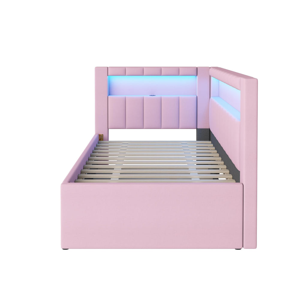 Twin Size Upholstered Platform Bed with Trundle and USB Ports Y510