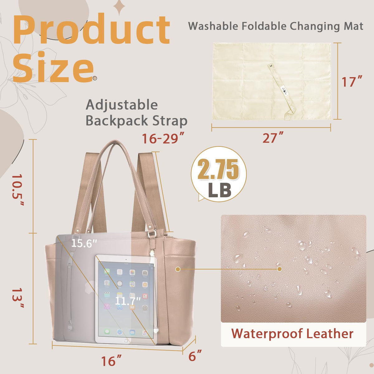 Leather Diaper Bag Backpack with Pacifier Case A3682
