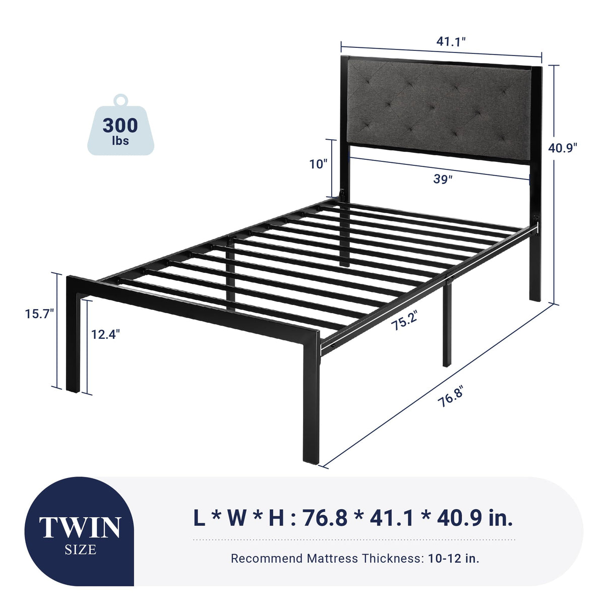 Twin Bed Frame with Upholstered Headboard, Dark Grey L1879