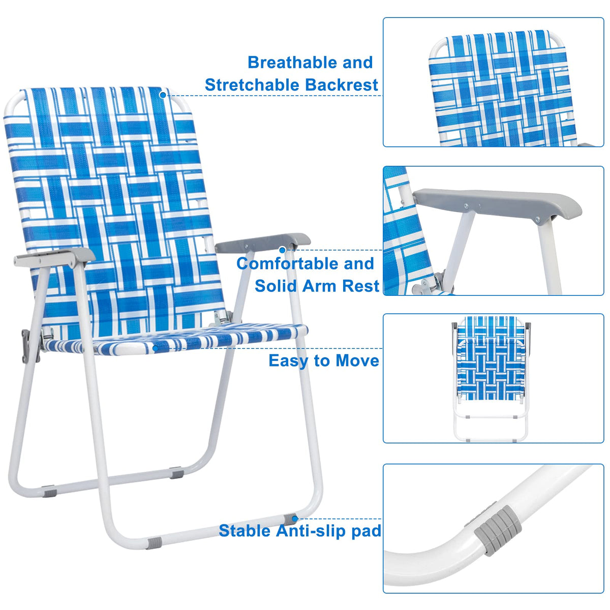 Folding Aluminum Webbed Lawn Chairs Set of 2 Blue & White Strip A581