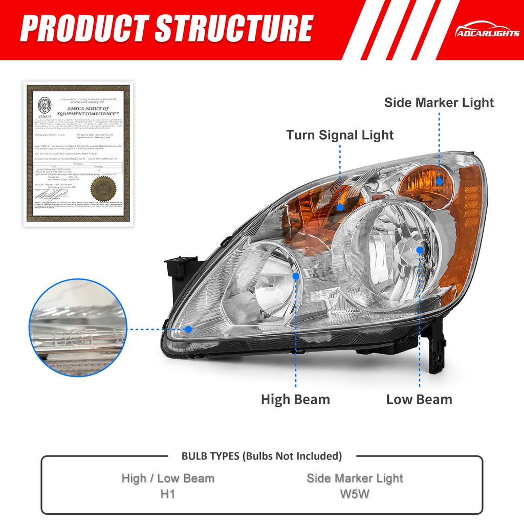 Headlight Chrome Housing Amber Reflector Replacement Pair K741018