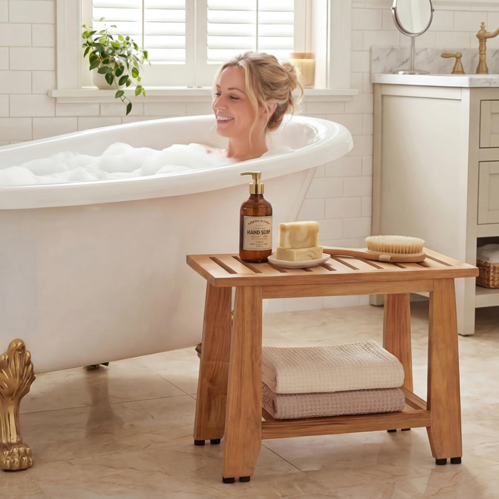 24'' Heavy Duty Teak Wood Shower Bench with Storage Shelf Z43703