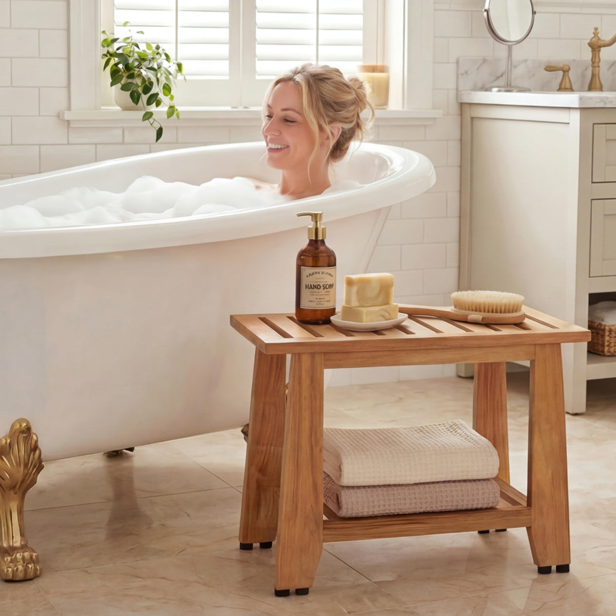 24'' Heavy Duty Teak Wood Shower Bench with Storage Shelf Z43703