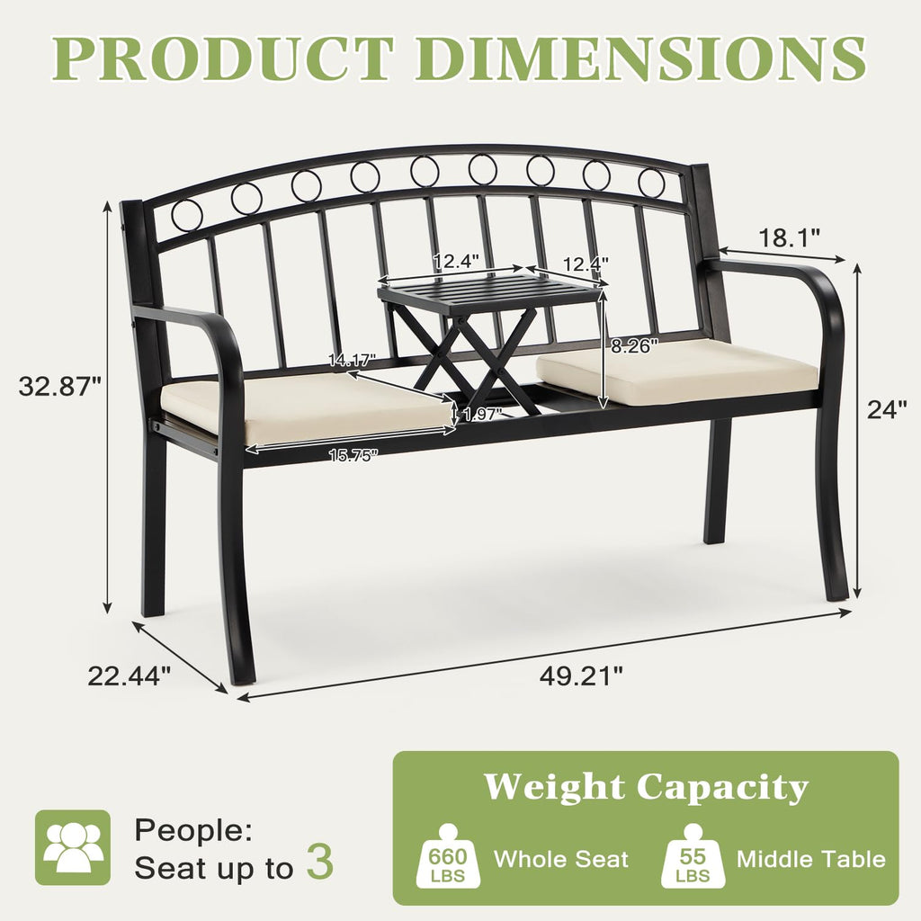 Black 2-Seat Metal Garden Bench with Cushion Z903