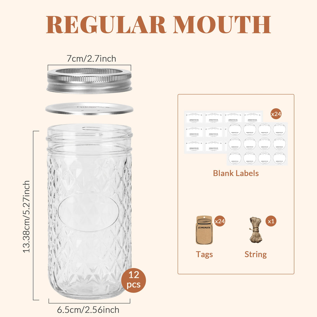 12 Pack 12oz Regular Mouth Glass Jars With Lids L74279