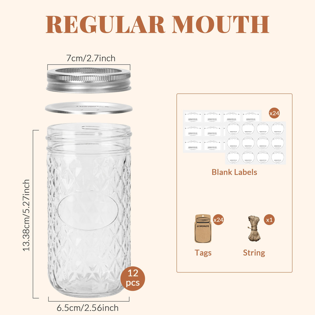 12 Pack 12oz Regular Mouth Glass Jars With Lids L74279