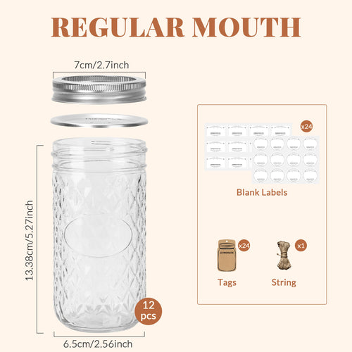 12 Pack 12oz Regular Mouth Glass Jars With Lids L74279