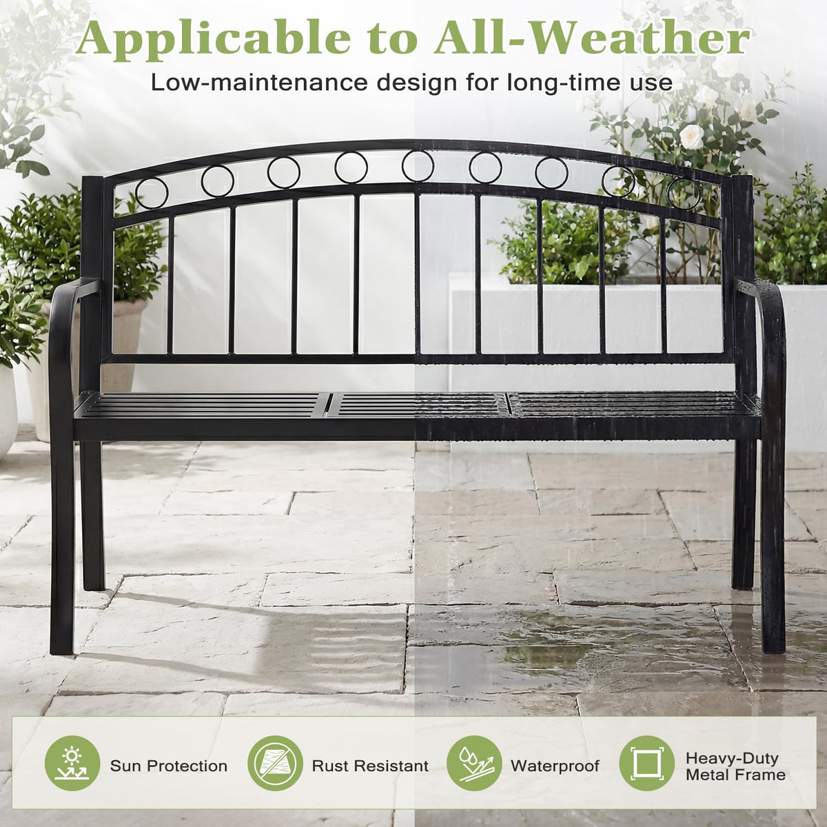 Black 2-Seat Metal Garden Bench with Cushion Z903