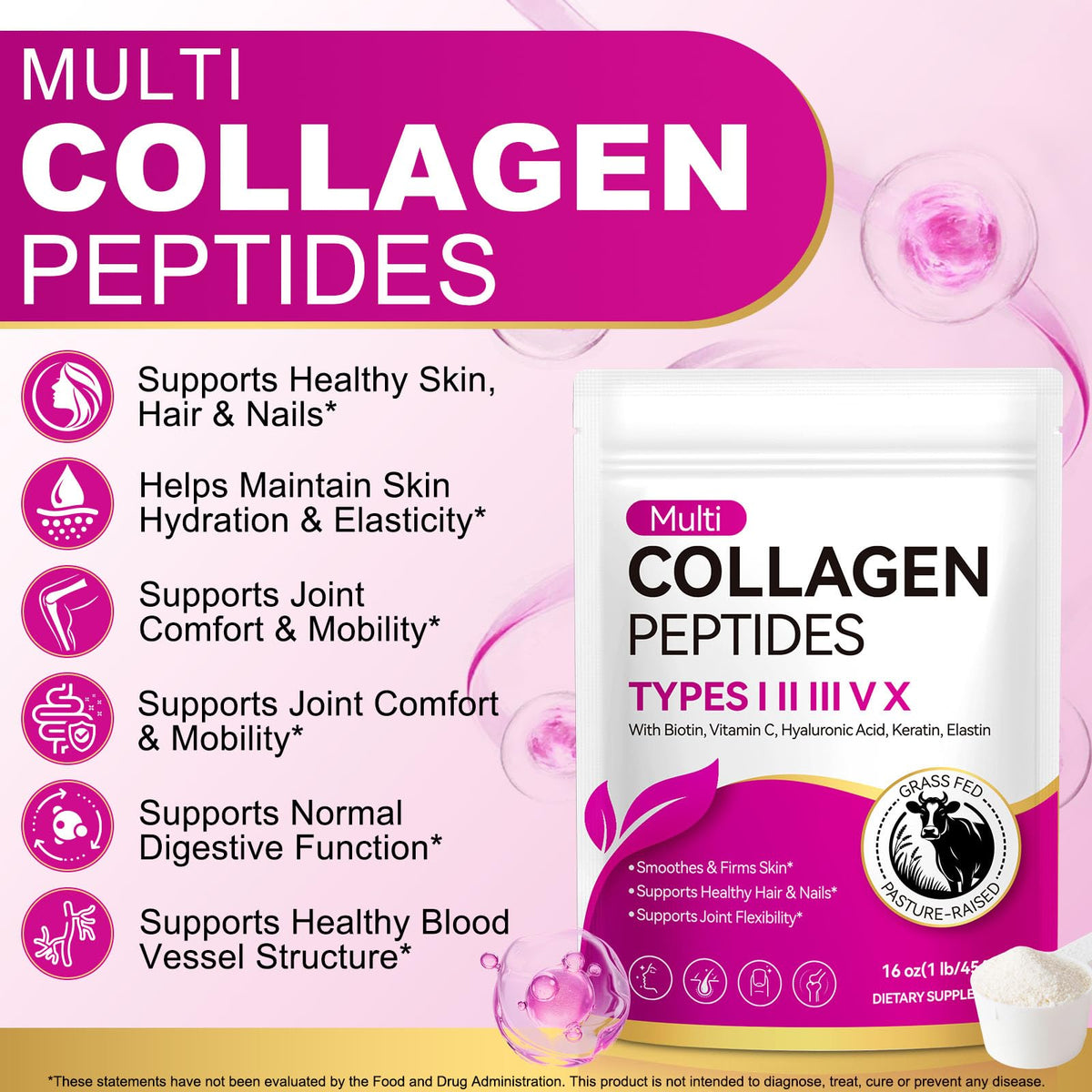 Multi Collagen Peptides Powder Types I II III V X Grass Fed Hydrolyzed A7206