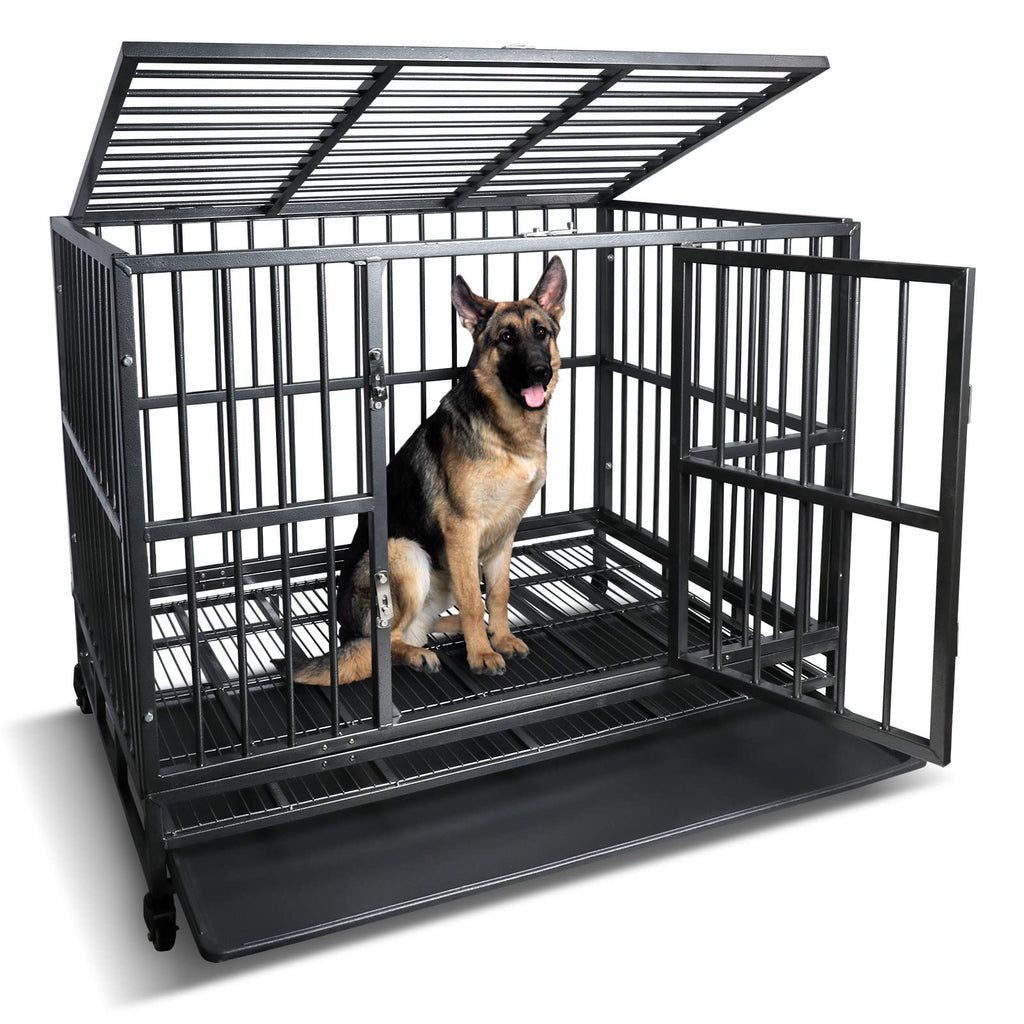 42 inch Heavy Duty Metal Dog Cage with Double Doors & Lockable Wheels V32254