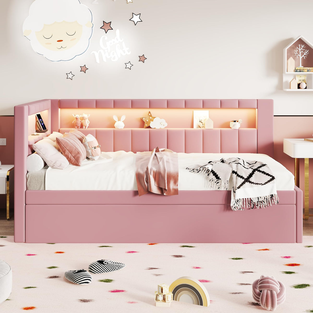 Twin Size Upholstered Platform Bed with Trundle and USB Ports Y510