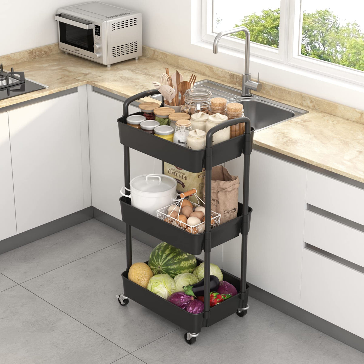3-Tier Plastic Rolling Utility Cart with Wheels X10693
