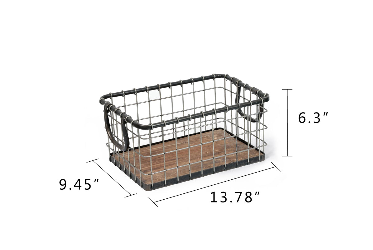 13.8" Wide Rectangular Metal Wire Basket with Wooden Bottom Z6318