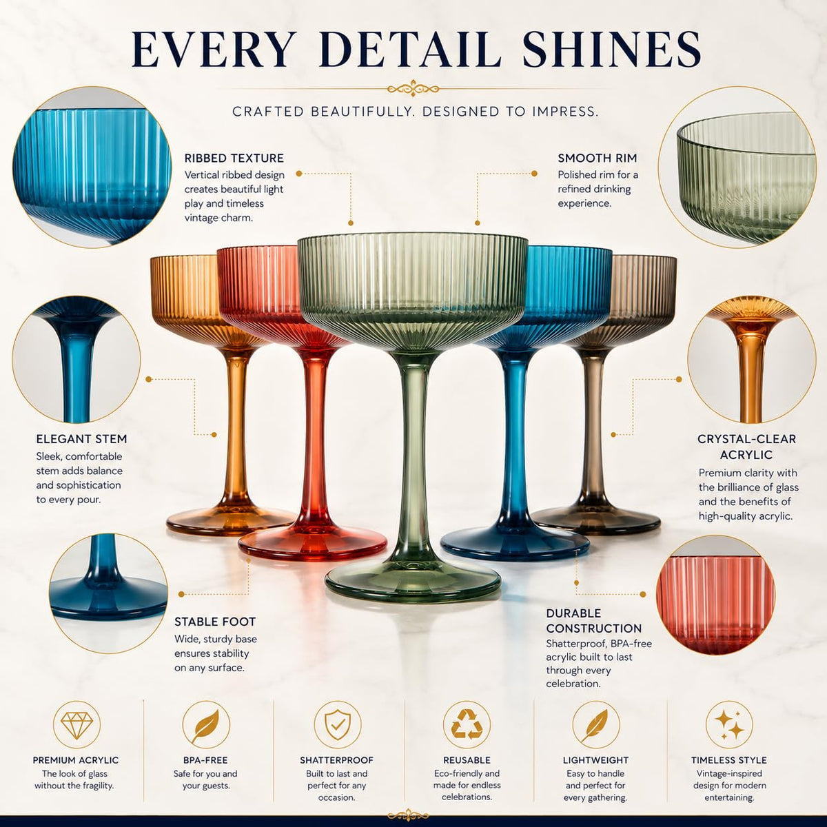 Ribbed Acrylic Martini Glasses Set of 6 H901