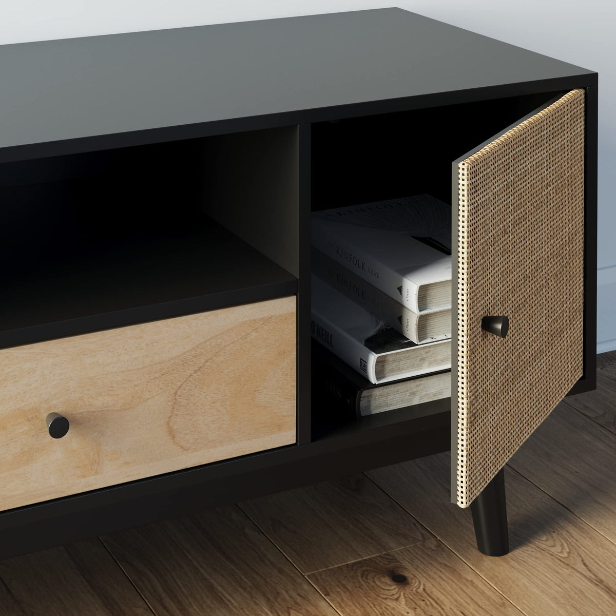 Black Oak Rattan TV Stand with Storage Doors A879717