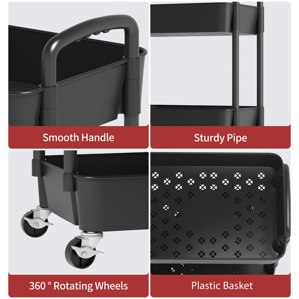 3-Tier Plastic Rolling Utility Cart with Wheels X10693