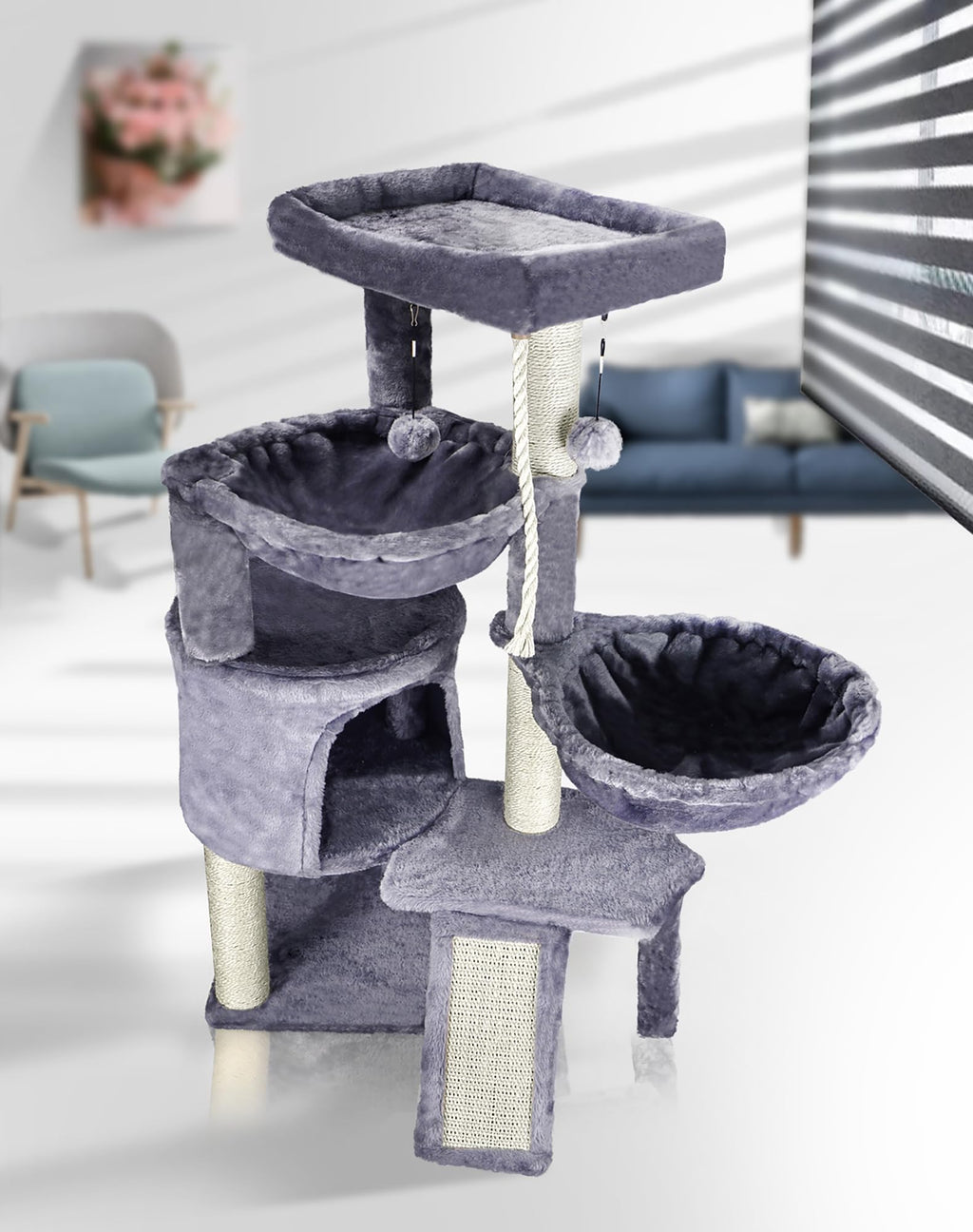 Grey Three Layer Cat Tree with Condo and Hammocks R329