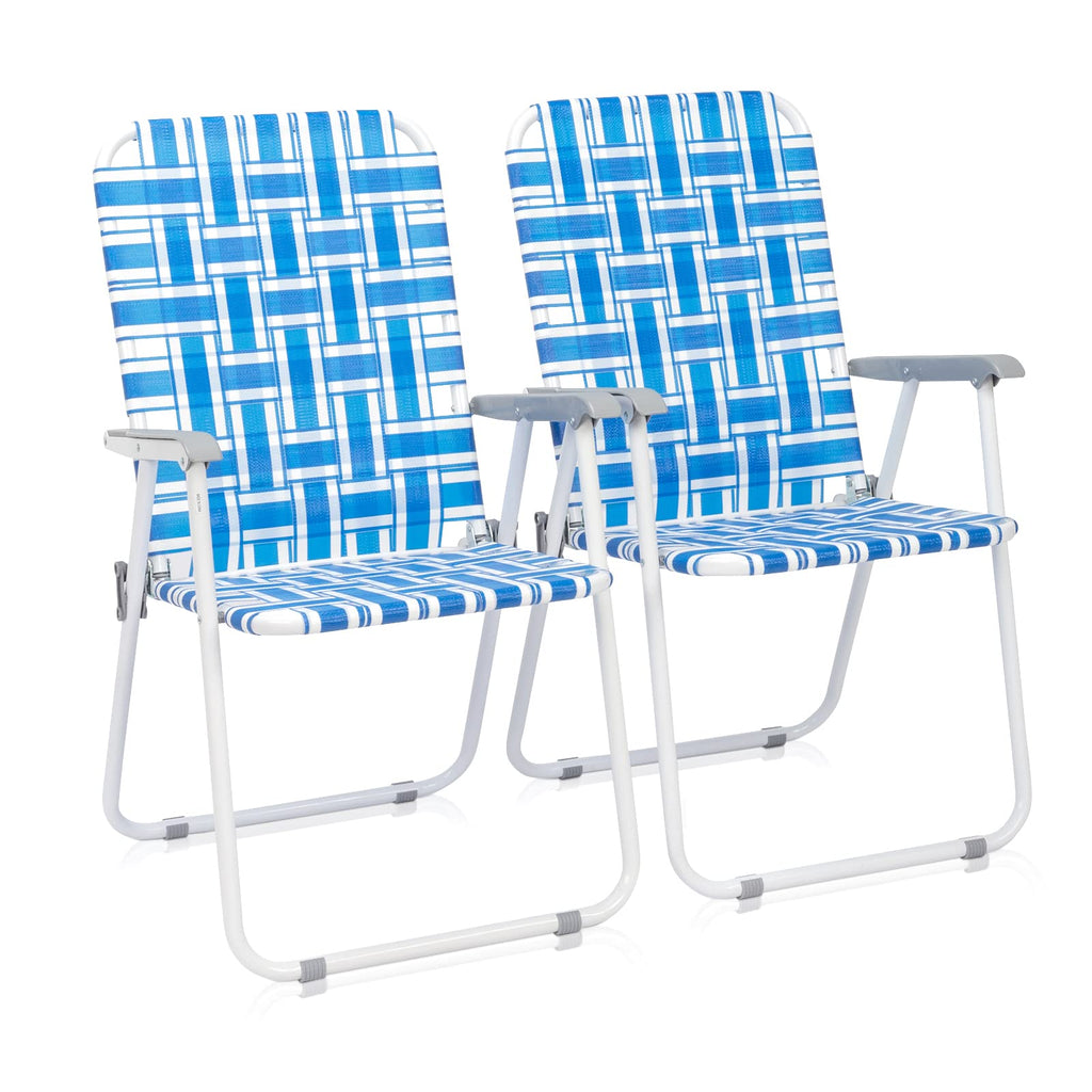 Folding Aluminum Webbed Lawn Chairs Set of 2 Blue & White Strip A581