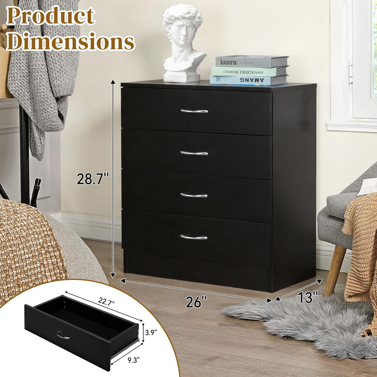 Black 4 Drawer Nightstand F106