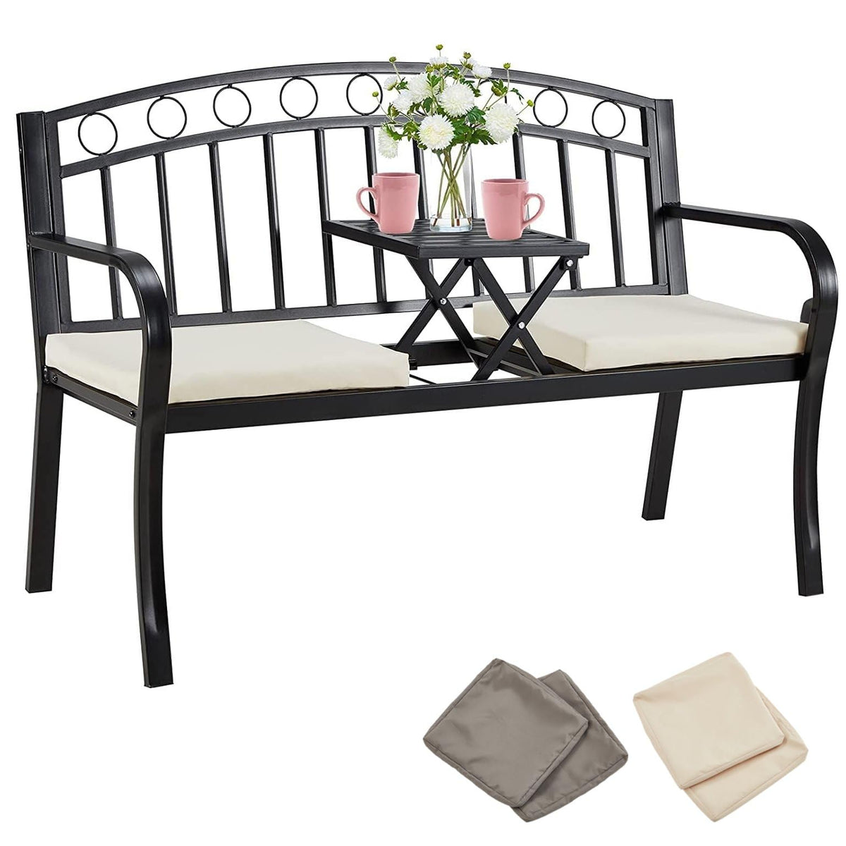 Black 2-Seat Metal Garden Bench with Cushion Z903
