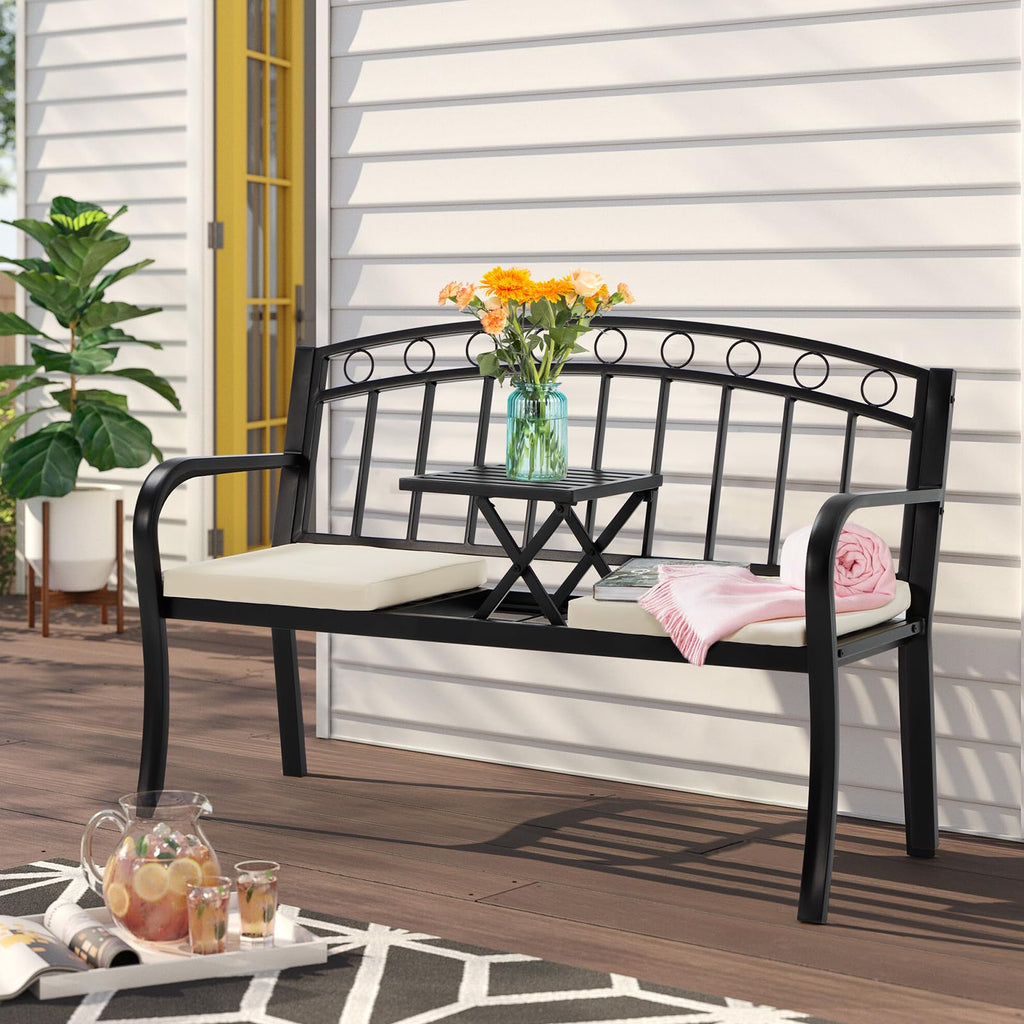 Black 2-Seat Metal Garden Bench with Cushion Z903