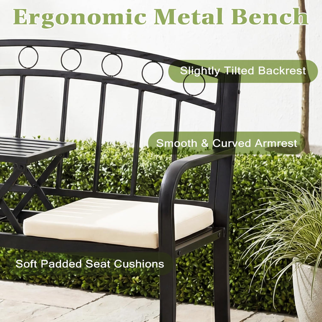 Black 2-Seat Metal Garden Bench with Cushion Z903