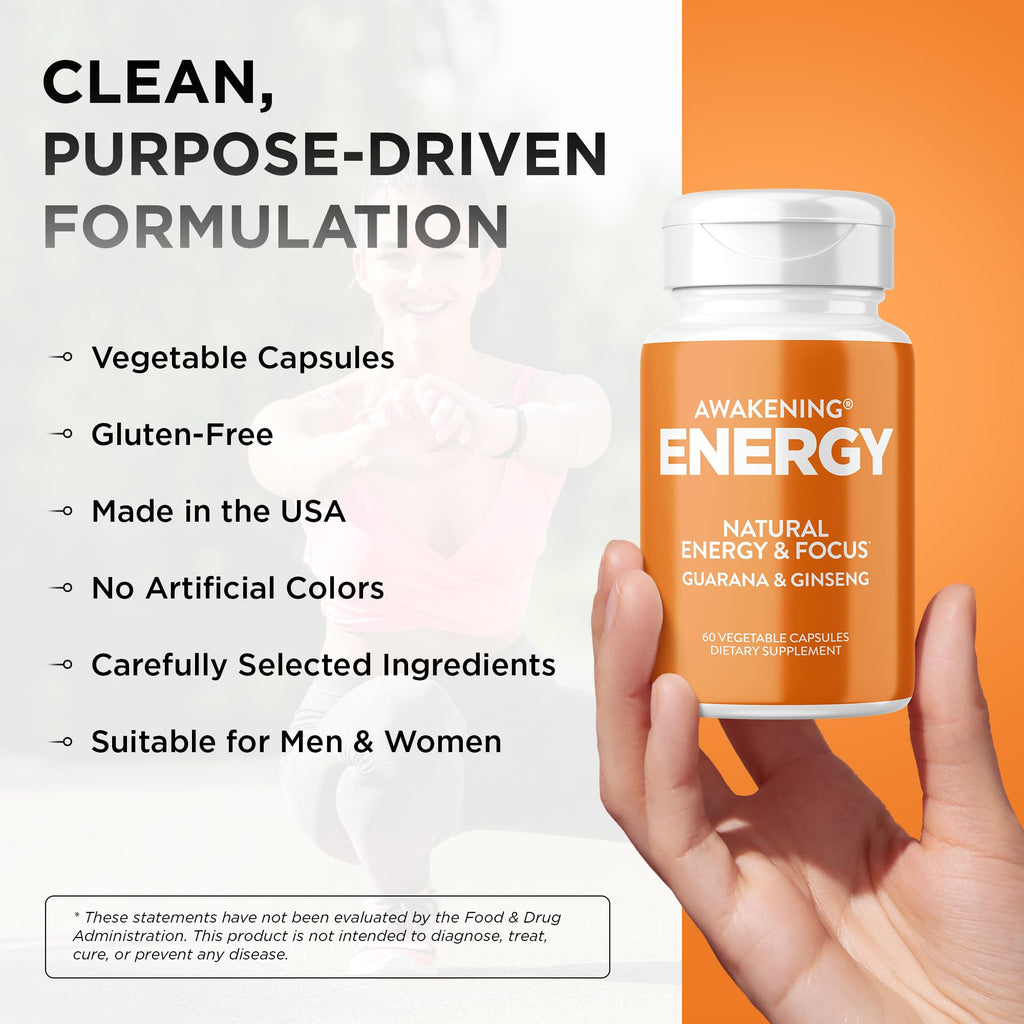 Natural Energy & Focus Supplement with Panax Ginseng, Guarana Extract & Chromium Picolinate, 60 Caps G367156
