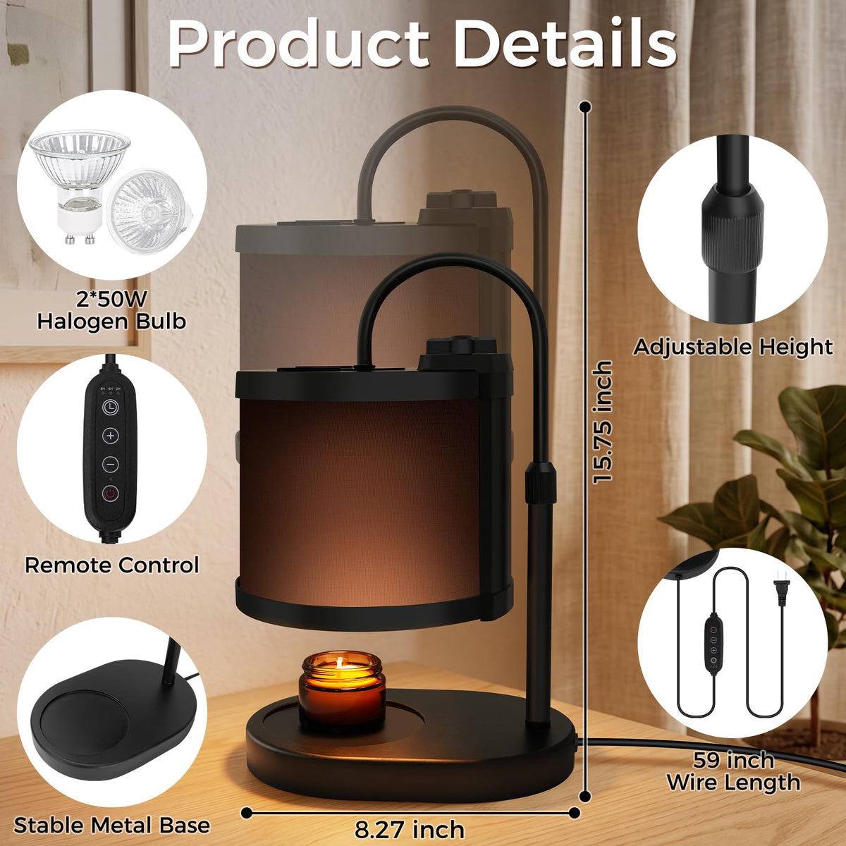 Black Candle Warmer Lamp with Timer and Dimmer W993