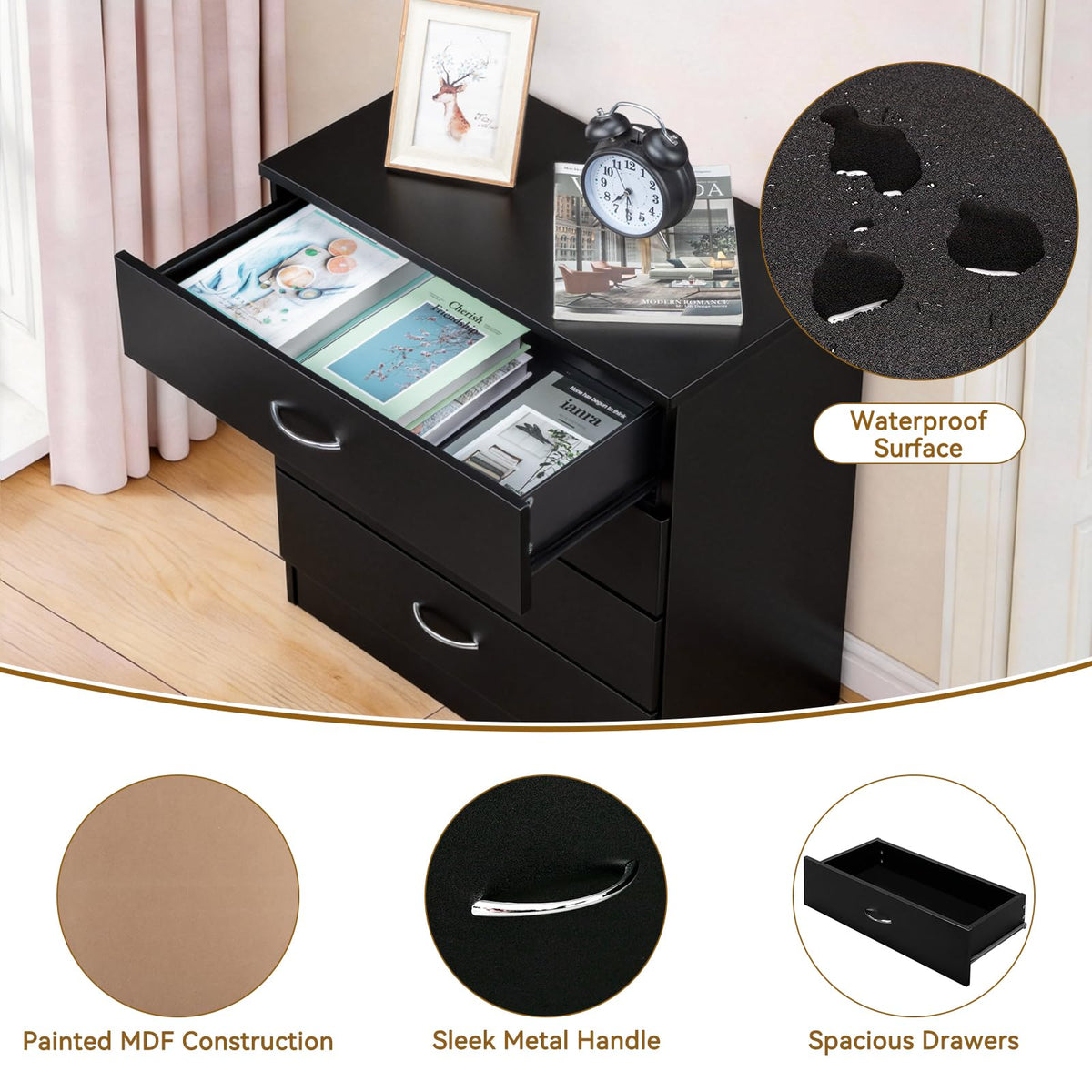 Black 4 Drawer Nightstand F106