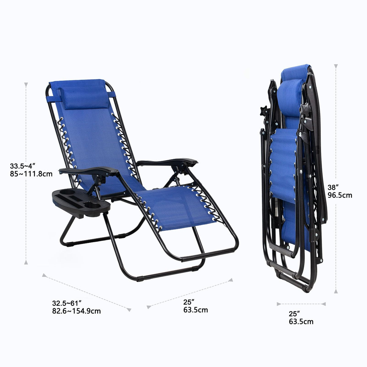 Set of 2 Adjustable Steel Mesh Zero Gravity Lounge Chairs with Pillow and Cup Holder J6106
