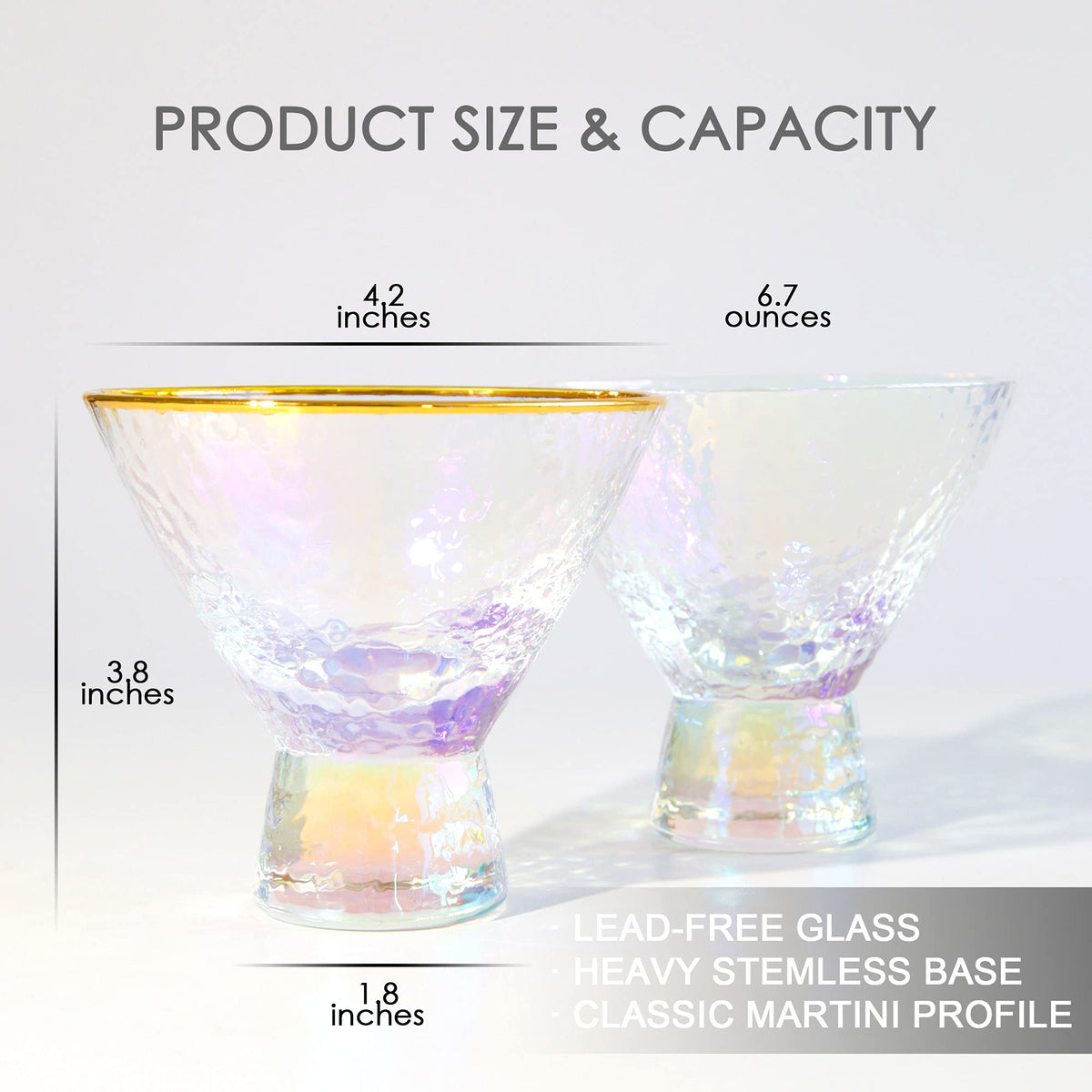 Stemless Martini Glasses Set of 2 Gold Rim J927