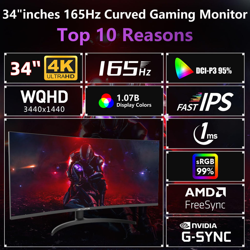 34 Inch Curved Ultra Wide WQHD Gaming Monitor 165Hz 1ms HDR400 A933