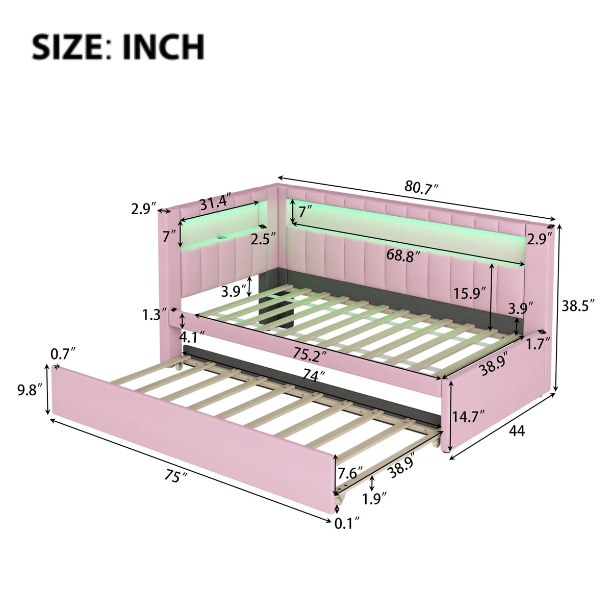Twin Size Upholstered Platform Bed with Trundle and USB Ports Y510