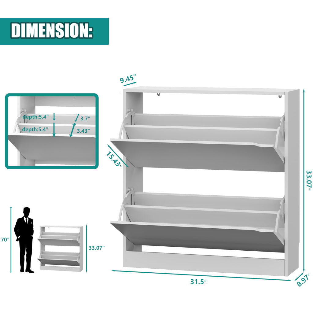 White 2 Flip Drawer Wood Shoe Storage Cabinet Z548