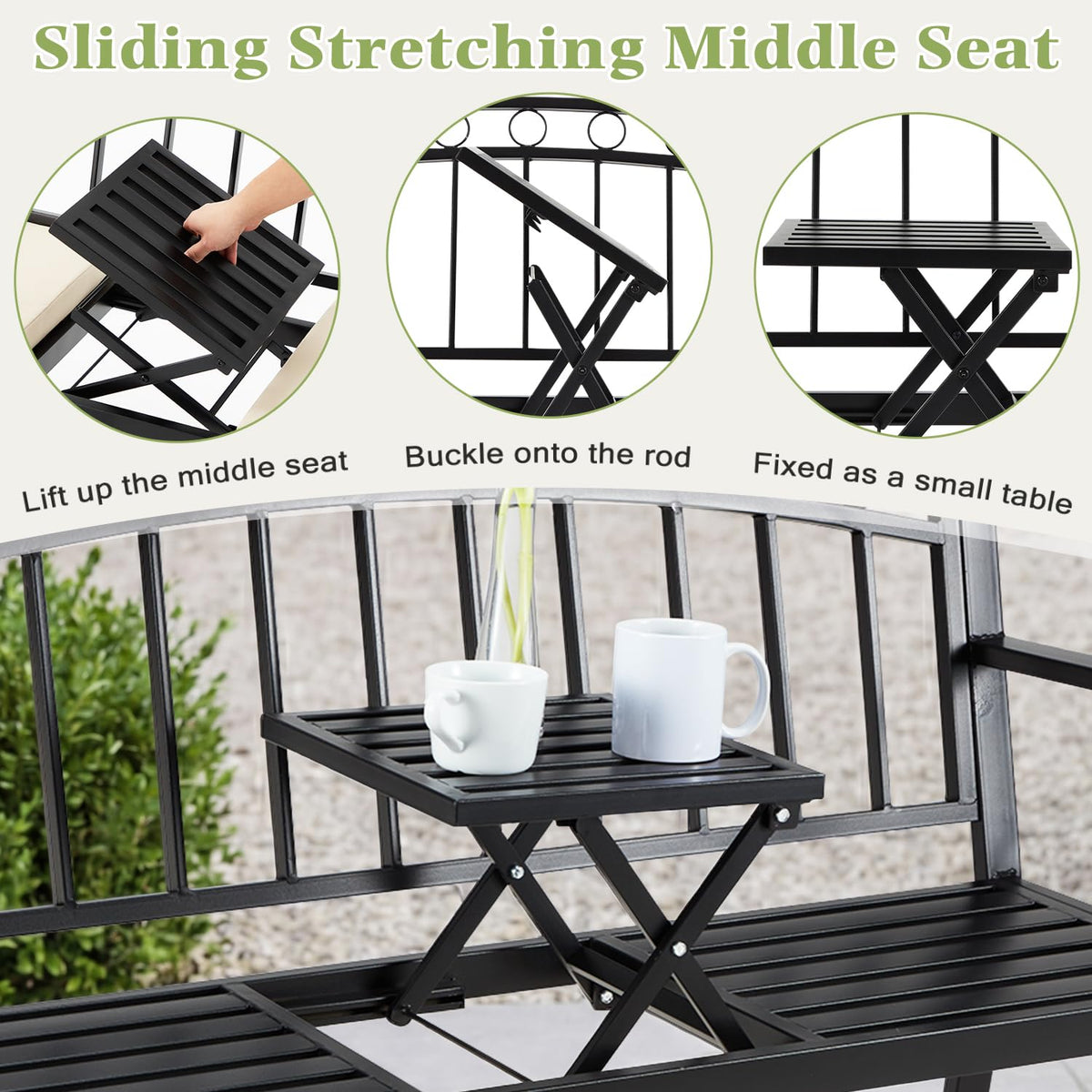 Black 2-Seat Metal Garden Bench with Cushion Z903