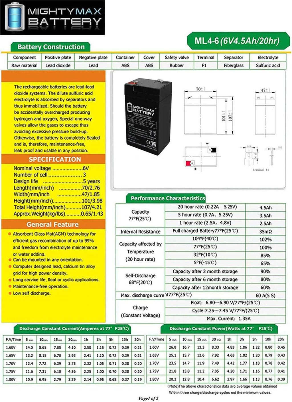 6V 4.5AH SLA Replacement Battery L858096