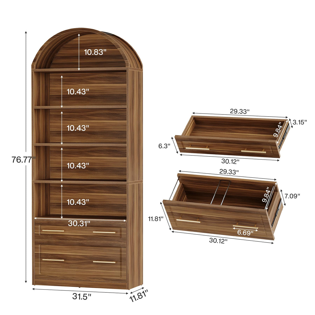 76.8" Tall Arched Bookcase with File Cabinet Drawer, Walnut Brown I539