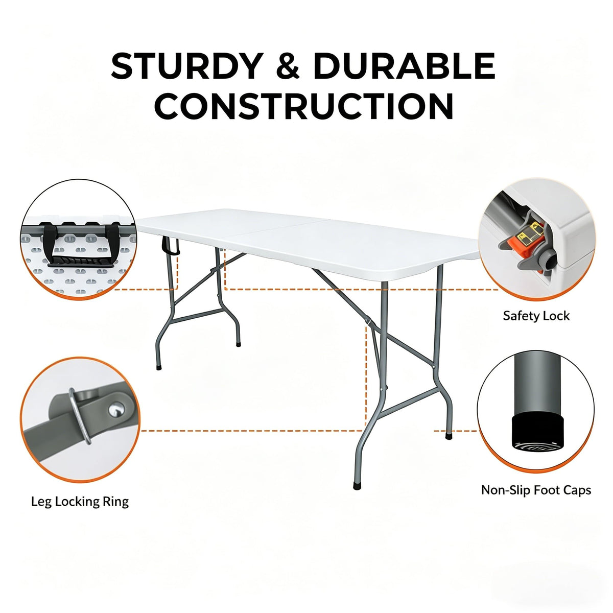6ft Folding Table with Built in Handle & Steel Legs W64583