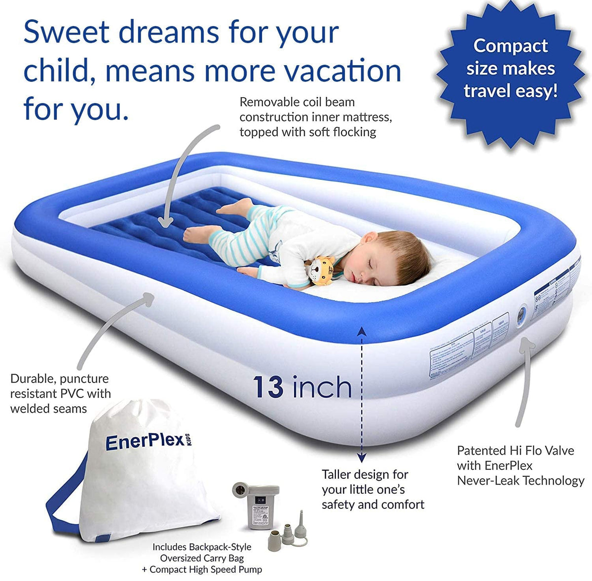 Kids Inflatable Travel Bed with High Speed Pump, Blue K1540