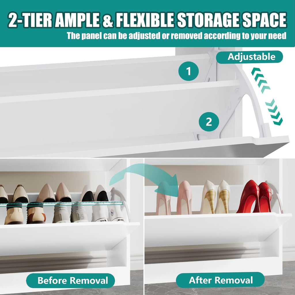 White 2 Flip Drawer Wood Shoe Storage Cabinet Z548