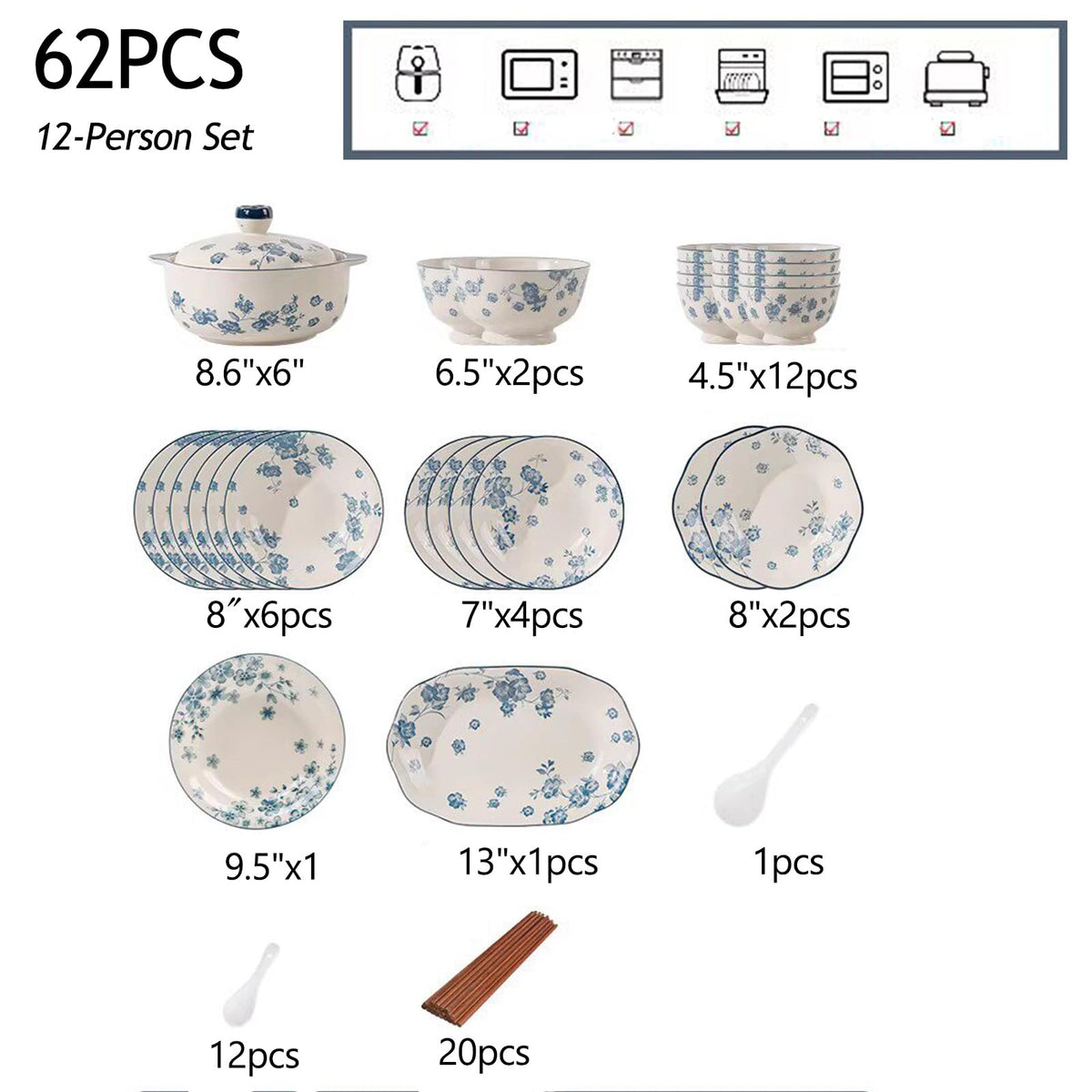 Blue Floral 62PCS Ceramic Dinnerware Set M747843
