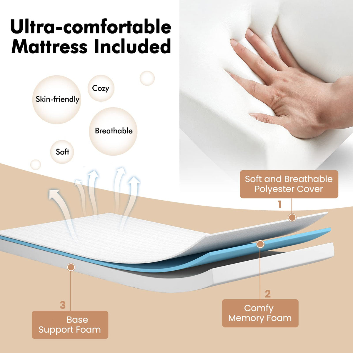 Folding Twin Size Portable Bed with 4” Memory Foam Mattress B8481