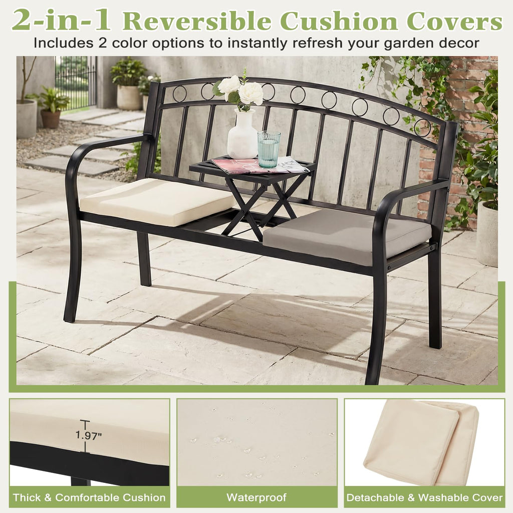 Black 2-Seat Metal Garden Bench with Cushion Z903
