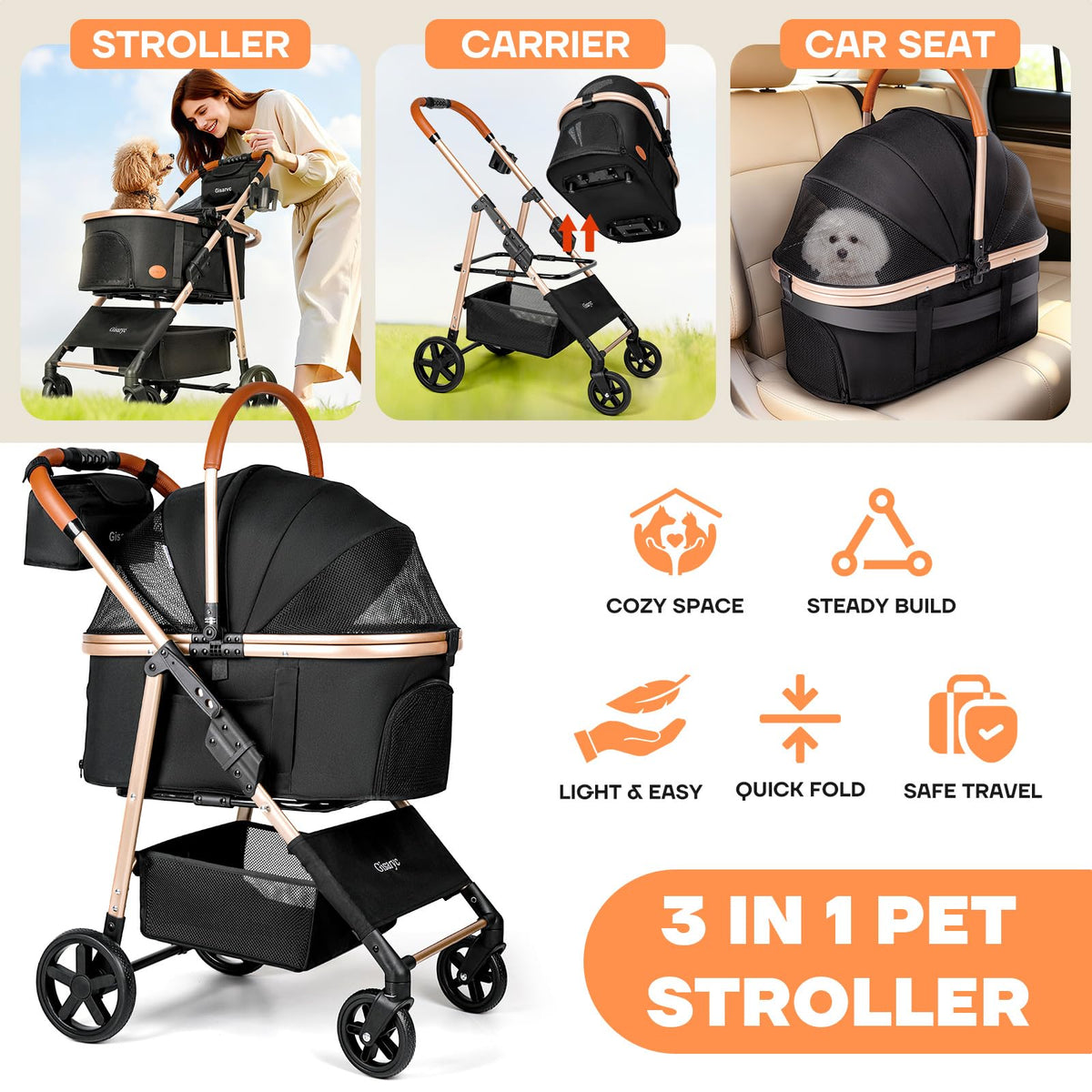 Black 3-in-1 Pet Stroller G832